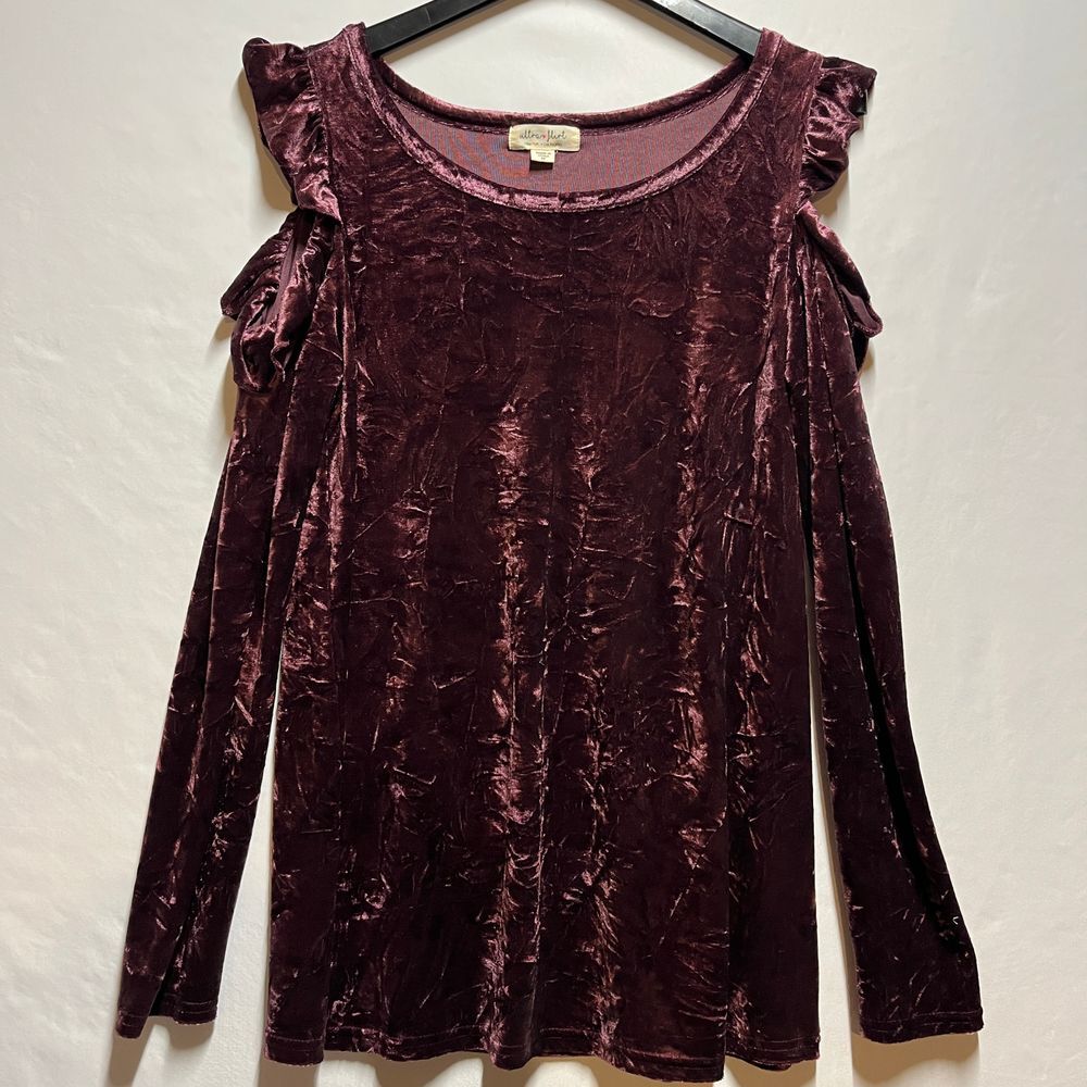 Ultra Flirt Burgundy Crushed Velvet Cold Shoulder Top Dark Romantic Women Medium